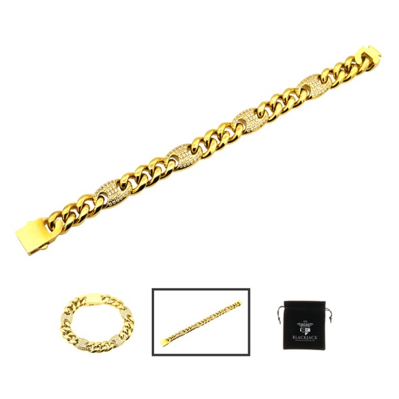 Mens 10mm Gold Plated Stainless Steel Mariner
Curb Chain Bracelet With Cubic Z